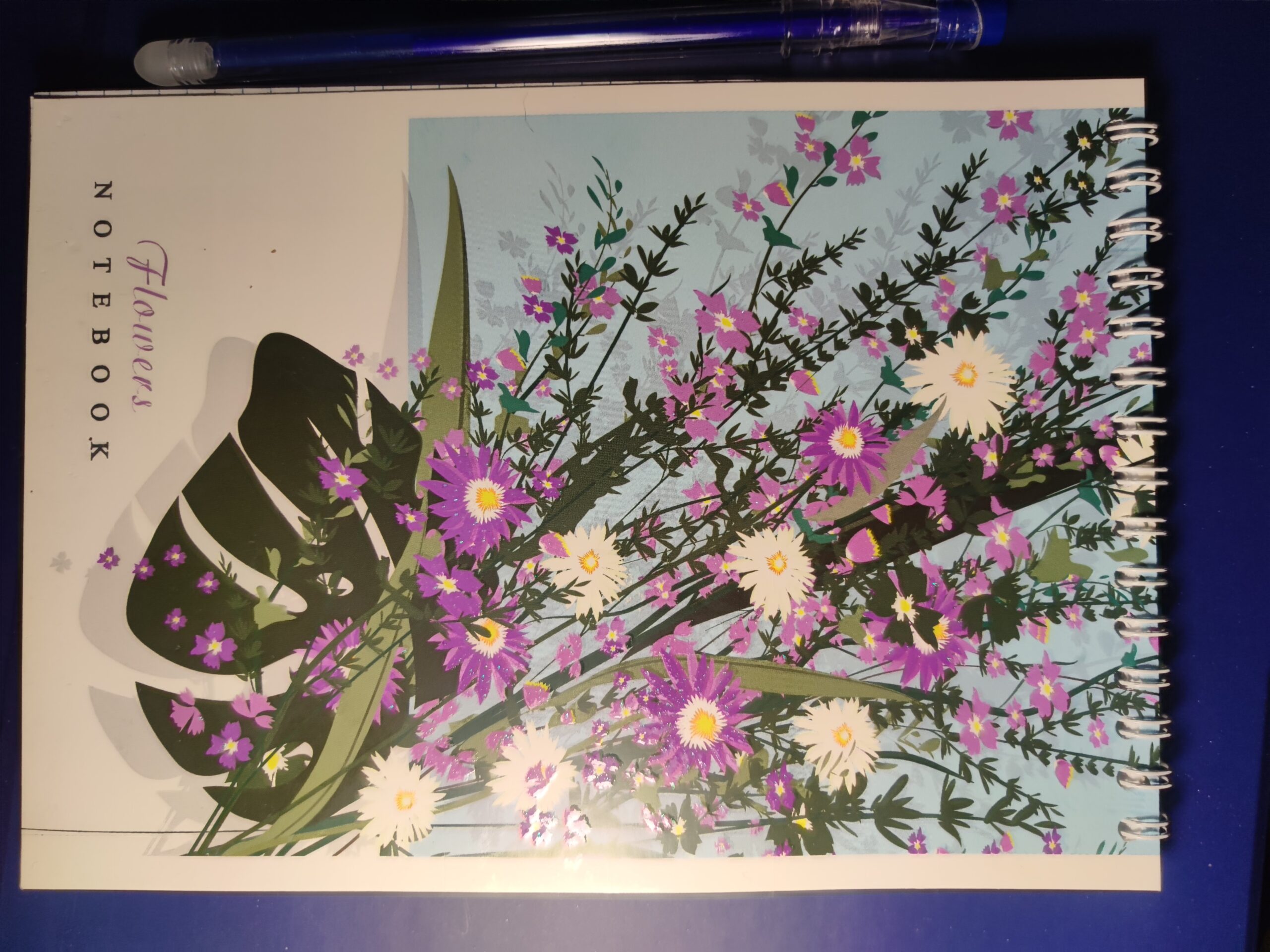 Flowers Notebook, Picture of flowers on the notebook's cover
They are beautiful those printed flowers
Violet blue with violent sparks
God knows how I like to write by hand